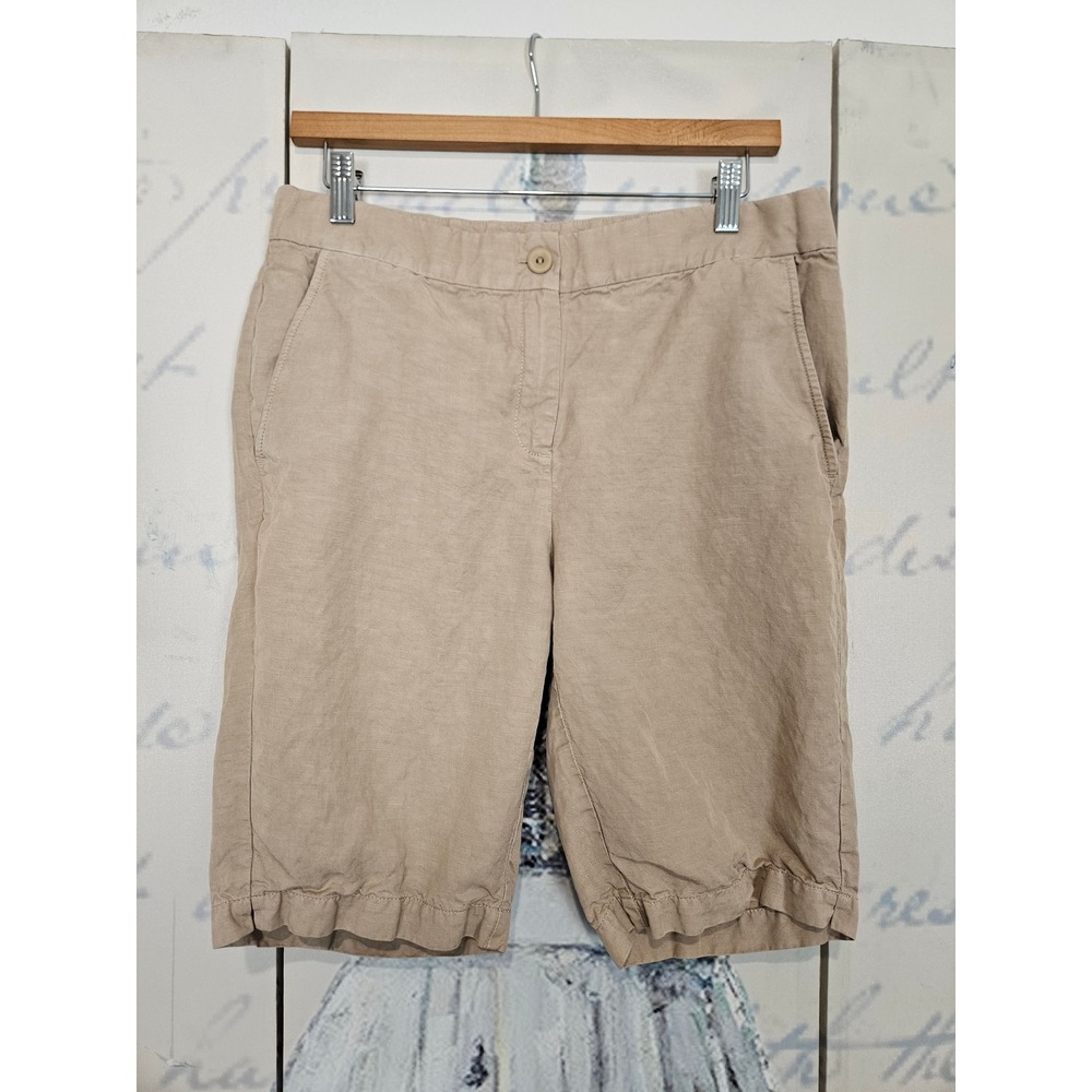 Eileen Fisher Shorts 6 Tan Linen Tencel Blend Ruffle Hem Coastal Minimalist